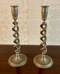 Vintage Pair Of Barley Twist Brass Candlesticks