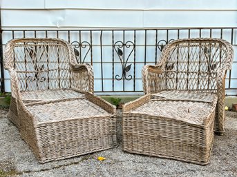 A Pair Of Divine Wicker Chaise Lounges - Arm Chairs W/ Ottomans