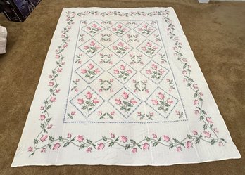 Handmade Embroidered Quilt White With Pink Roses