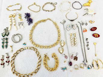 Large Group Of Costume Jewelry - One Pair Of Sterling Earrings, Monet Necklaces, Pins & Bracelets