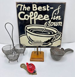 Vintage Metal Coffee Sign, Lady Bug Clip, Wire Egg Basket, Ice Scrape & Note Holder With Spring