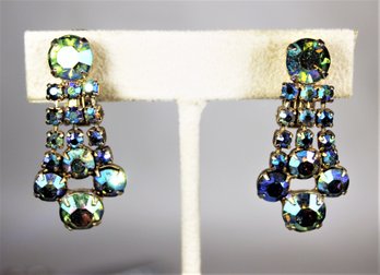 Blue Aurora Borealis Rhinestone Clip Earrings By WEISS