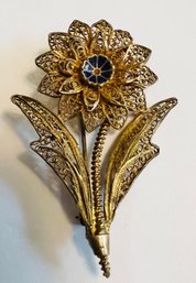 GOLD OVER STERLING SILVER BLUE ENAMEL FILIGREE FLOWER BROOCH