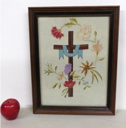 Victorian Aesthetic Period Needlepoint Of A Catholic Crucifix With Floral Embellishments