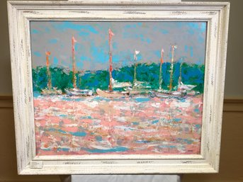 Original $800 James Pascucci Painting - Sunset Docking - Oil On Board - SKU: 9010-1059 - 35-1/2' X 29'