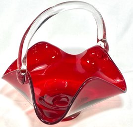 Vintage Viking Ruby Red Glass Basket W/ Applied Clear Handle