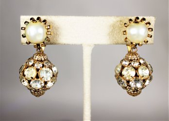 Great Vintage Gold Tone Faux Pearl Rhinestone Drop Clip Earrings