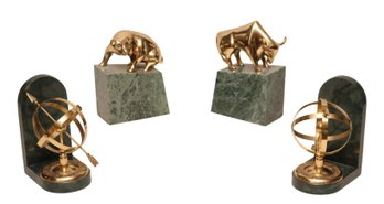 Bull And Bear  Gold Marble Book Ends And Armillary Sphere Gold Marble Book Ends