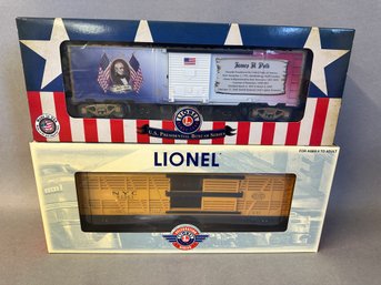 NIB Lionel Trains: NY Central Stock Car & James K Polk Box Car, 6-19573 & 6-84929