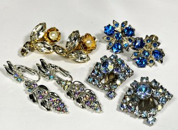 Four Pair Vintage Colorful Rhinestone Earrings Ear Clips