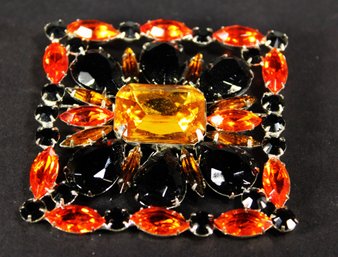 LARGE SQAURE FORMED ORANGE AND BLACK RHINESTONE VINTAGE BROOCH