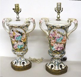 Superb Pair Of Capodimonte Pottery Figural Lamps With Greco-Roman Attired Women Both Dressed & Undressed!