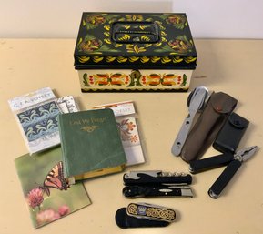 Very Cool Tole Box ~ K-Bar Knife, SAAB Knife, Wine Opener & More ~ (D)