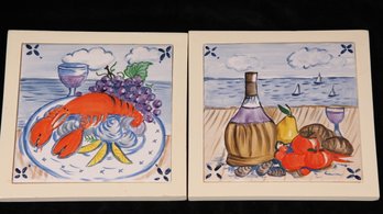 LOT OF 2 SEASIDE THEMED CERAMIC TILE CORK BACKED WALL HANGINGS / TRIVETS