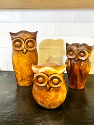 Set Of 3 - Hand Carved Solid Wood Vintage Great Horned Owls