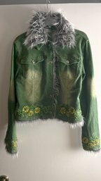 Green Corduroy Jack With Fur Collar - Size L