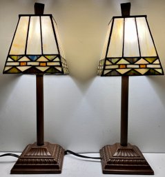 Vintage Pair Boudoir Mantle Table Lamps - Tiffany Style - Slag Glass - 16 H X 4 7/8 Base - 5.5 X 5.5 Shade -