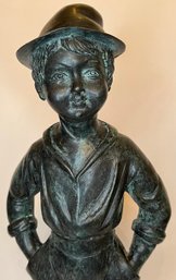 Vintage Bronze Victorian Boy With Hands In Pocket Wearing Hat - Sculpture Figurine - Unsigned - 15.5 Inches H