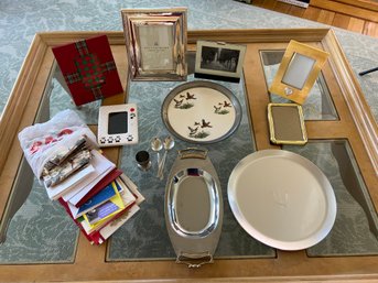 Table Lot Of Misc Items Including Pottery Barn Picture Frame