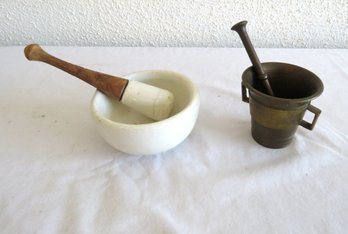2 Mortar & Pestle Brass And Porcelain