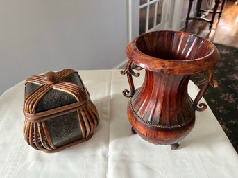 Metal Footed Urn And Wood Lidded Box With Metal Trim