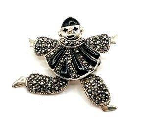 Vintage Sterling Silver Marcasite Onyx Clown Pendant Or Brooch/pin