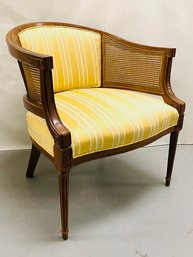 Vintage MCM Upholstered Fruitwood Barrel Chair W/ Cane Sides