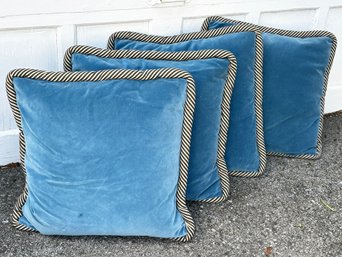 A Set Of Four Down Throw Pillows In Blue Velvet