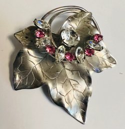 VINTAGE SIGNED STERLING SILVER PINK & WHITE RHINESTONE LEAF PENDANT/BROOCH