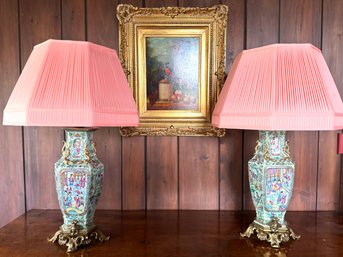 Pair Stunning Chinese Canton Famille Rose Porcelain Lamps With Pale Pink Ripple Shades