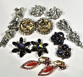 Lot 7 Pairs Vintage Colorful And White Rhinestone Earrings Ear Clips