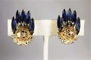 Vintage Blue Rhinestone Gold Tone Earrings Ear Clips