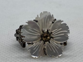 Artist Signed Sterling Silver Ring With Carved Mother Of Pearl Flower With Center Citrine- Butterfly Setting