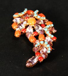 VINTAGE RHINESTONE PINK AND BLUE LARGE RHINESTONE BROOCH 1960S