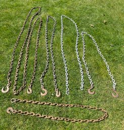 Five Heavy Duty Metal Link Chains - Four Have Hook Ends - 3/8inch Thick Links