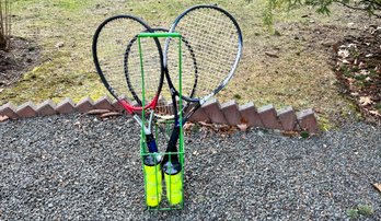Set Of Three Tennis Racquets, Seven Tennis Balls And Holding Rack