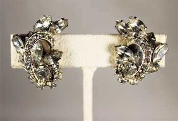 Pair Vintage White Rhinestone Earrings Ear Clips