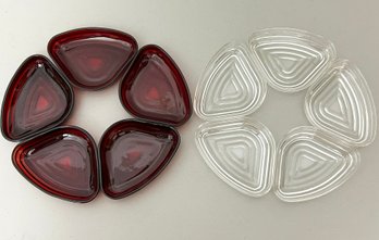 Mid Century Red And Clear Glass Appetizer Plates