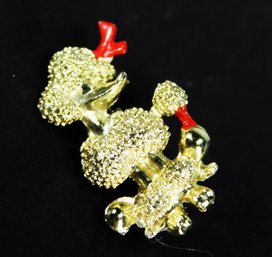 VINTAGE GOLD TONE FRENCH POODLE DOG BROOCH WITH RED BOW