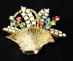 GOLD TONE COLORFUL RHINESTONE FLOWER BASKET BROOCH BY 'ART CO.'