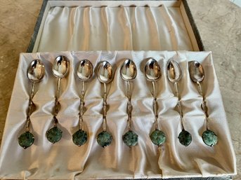 A Set Of 8 Sterling And Jade Demitas Spoons In Original Presentation Box