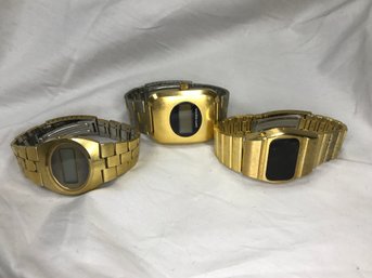 Group Of Thee Vintage LCD / LED Digital Watches - Unsure Of Working Order - ALL SOLD AS IS - Gruen & More !