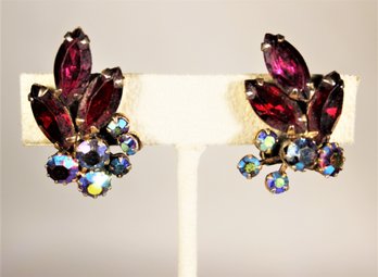 Pair Vintage WEISS Purple Rhinestone Earrings Ear Clips (one As/is)