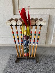Vintage Set Of Croquet Mallets, Balls, Flags In Carry Caddy