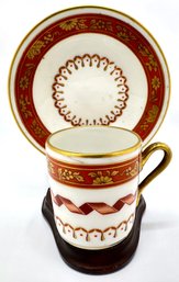 Antique Richard Ginori Italian Tea Cup & Saucer With Gold Accents On Wood Stand