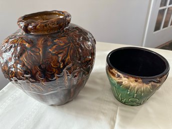 Green Roseville Planter & Brown Hi Gloss Glazed Vase