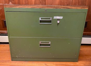 Green Steel & Laminate Top, Two Drawer Filing Cabinet