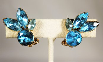 Aqua Blue Rhinestone Ear Clips Earrings