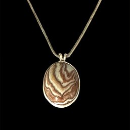 Vintage Sterling Silver Brown Swirl Agate Stone Pendant Necklace