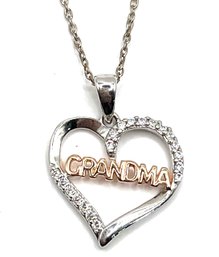 Italian Sterling Silver Chain With Grandma Two Toned CZ Heart Shaped Pendant